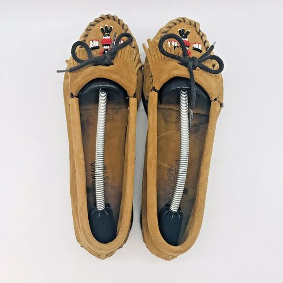 Minnetonka Thunderbird Animikii Beaded Brown Suede Moccasin Women's 10 Hard Sole - Picture 7 of 12